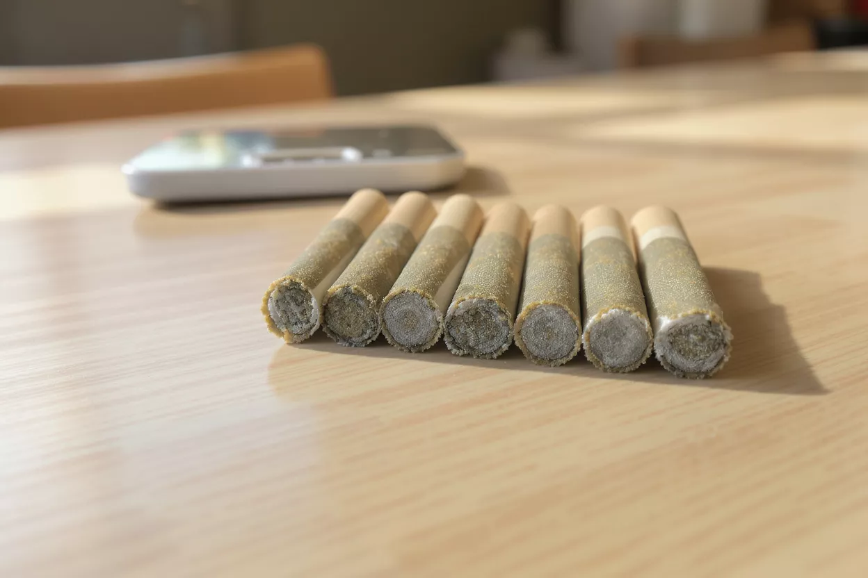 Seven hand-rolled cigarettes arranged on a table