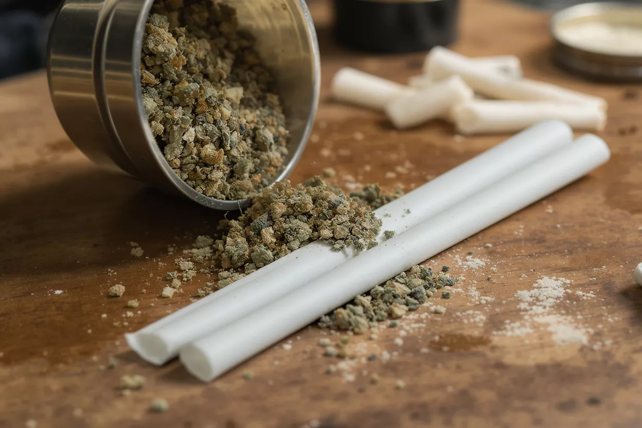 Herb grinder and rolling papers on wooden surface