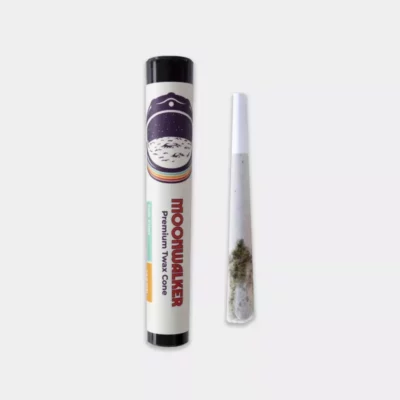 Moonwlkr Premium Twax Cone cannabis packaging with serene mountain design and clear pre-rolled cone tube.