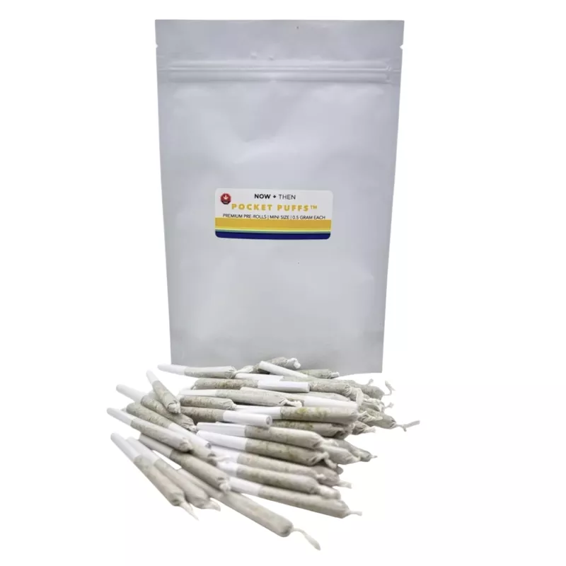 Pocket Puffs cannabis pre-rolls from Now + Then, compact 0.5g joints for easy use.