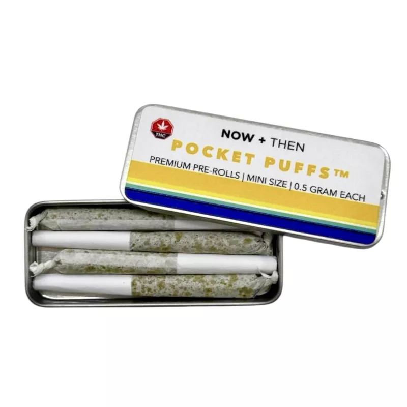 Cannabis tin with three premium mini pre-rolls, brand NOW + THEN Pocket Puffs.
