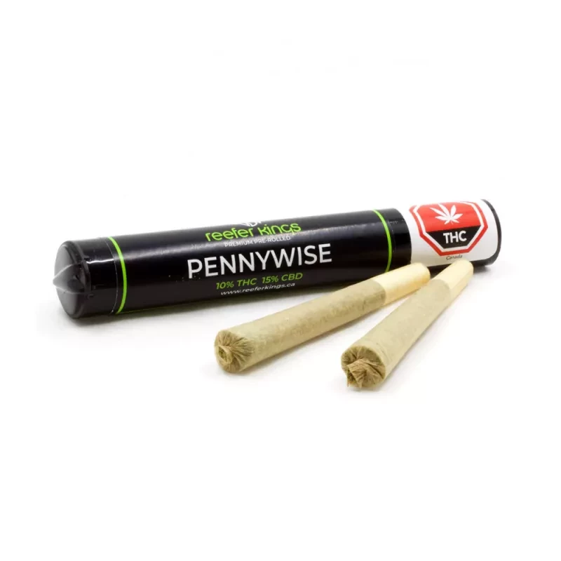 Reefer Kings cannabis pre-rolls, 10% THC, 15% CBD in black and green case.