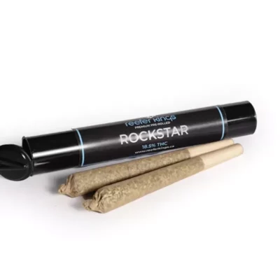 Reefer Kings Rockstar pre-rolled joints with 18.5% THC on white background.