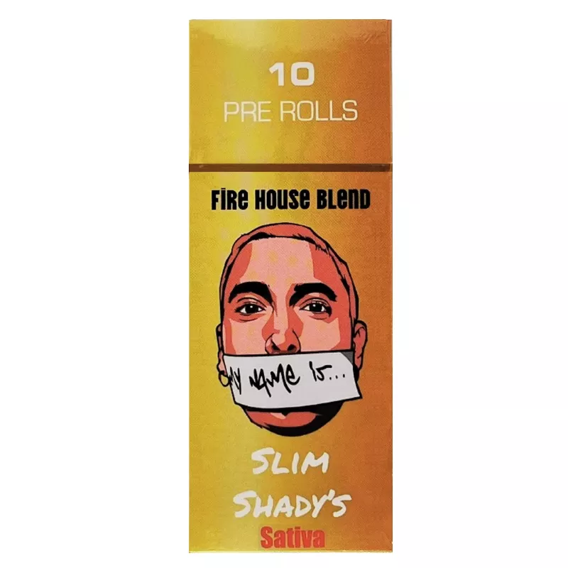 Slim Shadys Sativa pre-rolls package with vibrant design and bold illustration.