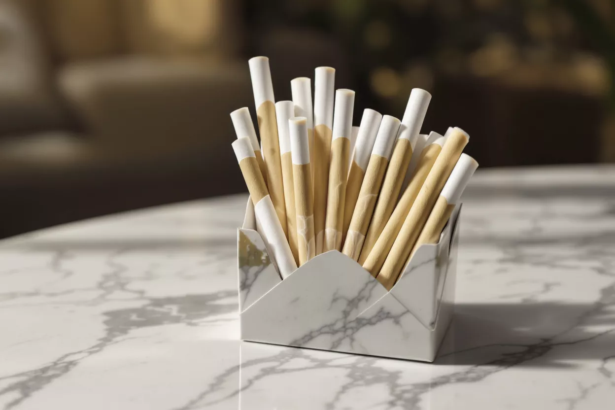 Elegant holder filled with paper straws on a table
