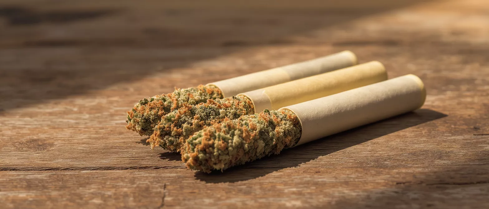 Three Cannabis Pre-Rolls Three cannabis pre-rolls with visible flower and kief on a wooden surface.