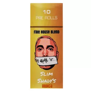 Pre-rolls package with vibrant orange design, featuring Fire House Blend and Slim Shadys branding.