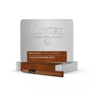 Baxter all-flower hybrid blunts in sleek metal tin packaging.