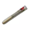 Pre-rolled cannabis joint in transparent tube with label against white background.