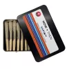 Premium cannabis pre-rolls showcased in a sleek metal tin with stylish labeling.