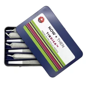 Premium cannabis pre-rolls in sleek dark blue tin container with modern labeling.