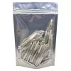 Pre-rolled cigarettes in transparent resealable pouch with metallic silver border for freshness.