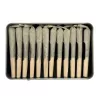 Pre-rolled cannabis joints in an open tin container showcasing organized rows.