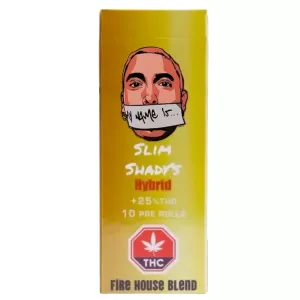 Stylized cannabis pre-roll package featuring Slim Shadys Hybrid with 25% THC content.