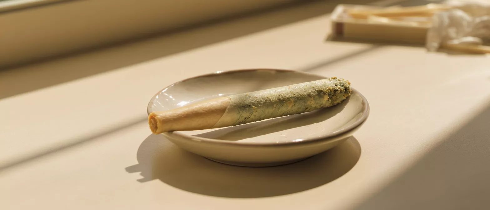 A cannabis pre-roll sits on a small ceramic dish in warm sunlight.