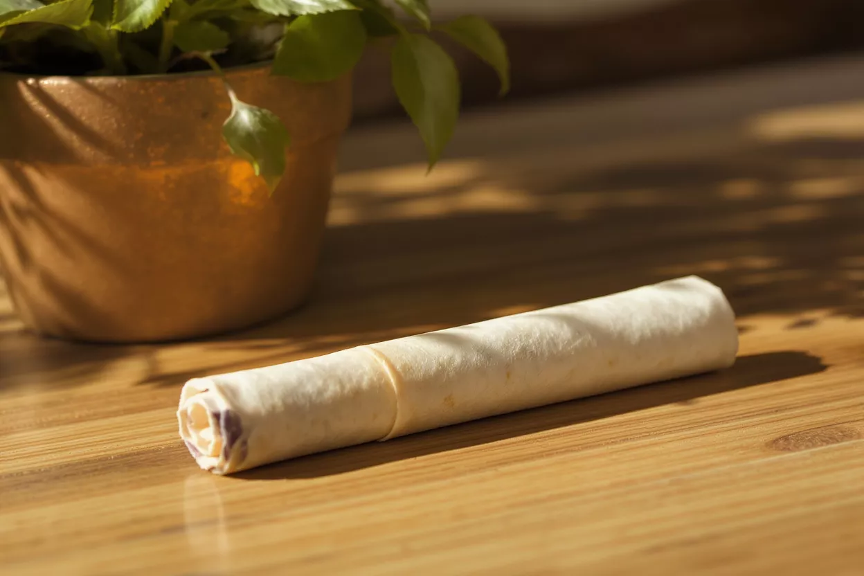 A rolled tortilla snack on a wooden table next to a potted plant.