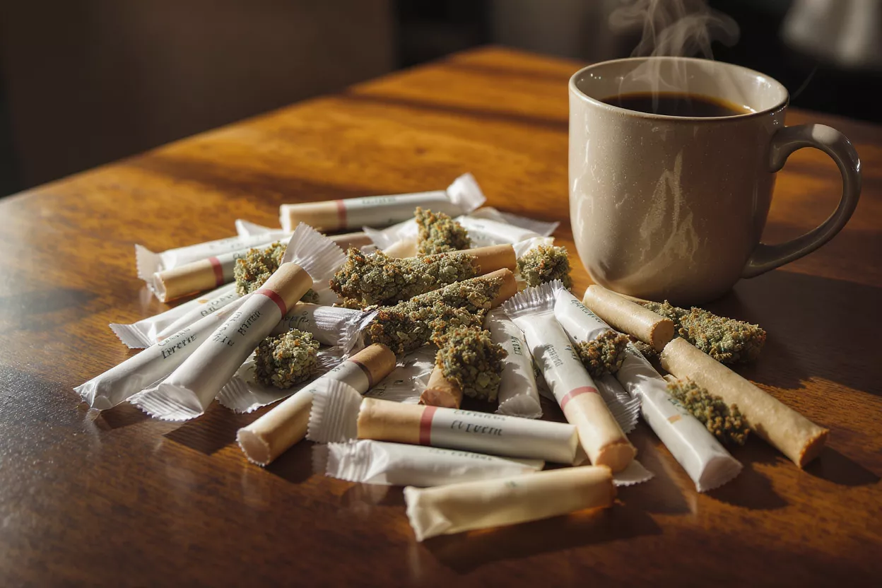 Steaming coffee mug next to cannabis pre-rolls and flower on a wooden table.