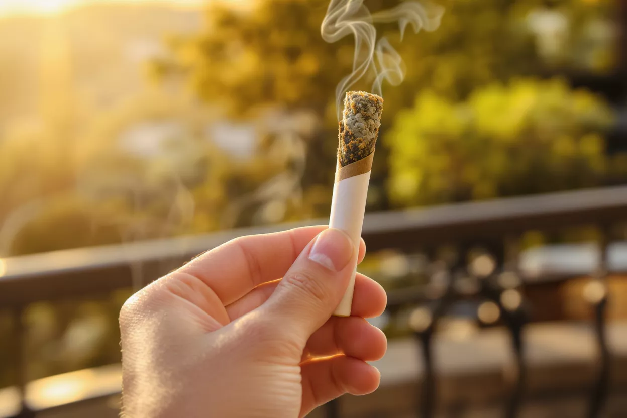 Hand holding a lit cannabis joint with smoke rising, against a golden sunset background.