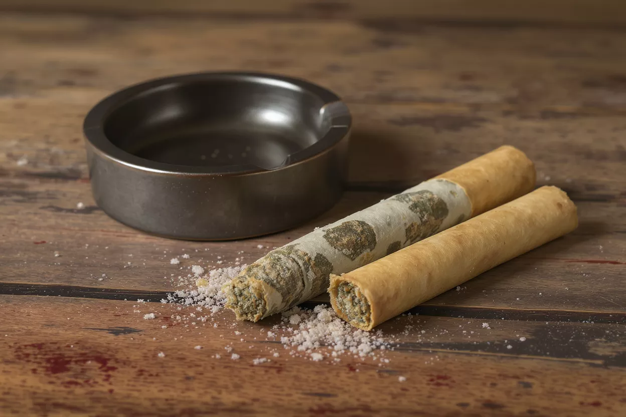 Two cannabis pre-rolls and a dark ashtray on a rustic wooden surface.