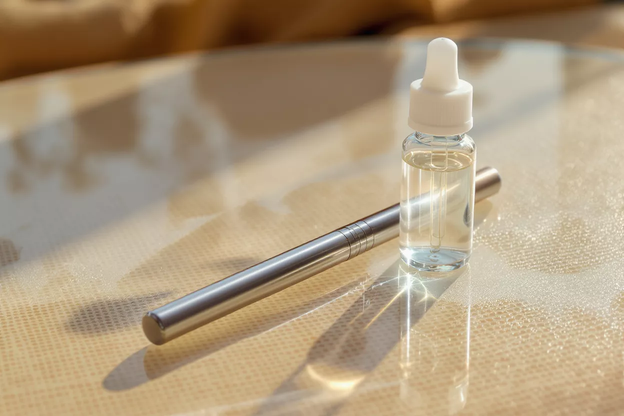 A clear dropper bottle of e-liquid next to a sleek silver vape pen.