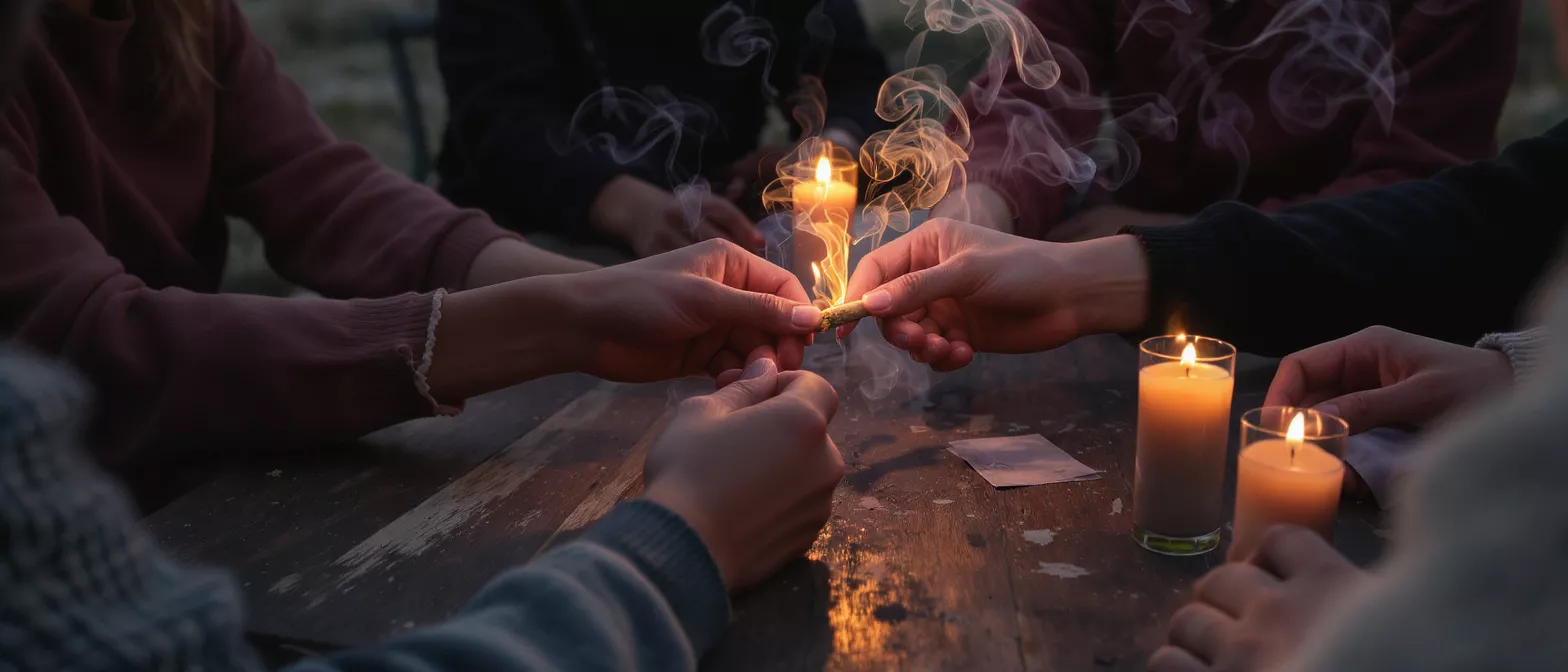 Hands passing a lit object surrounded by candles