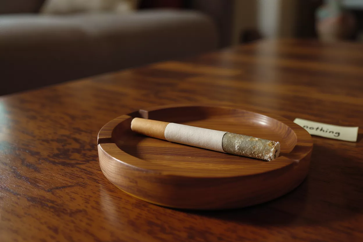 A cigarette resting on a wooden ashtray