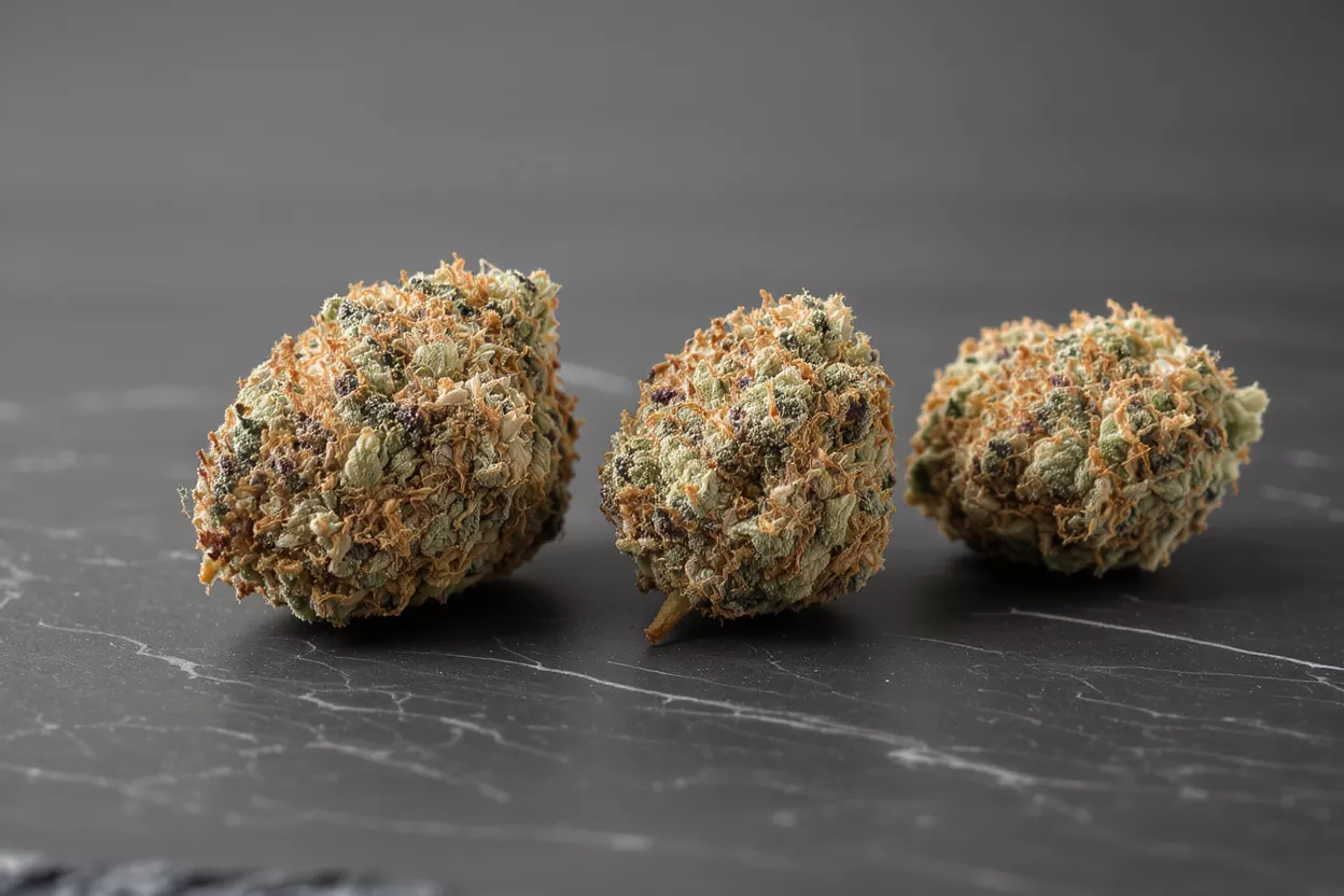 Three cannabis buds with green, orange, and purple hues on a dark marble surface.