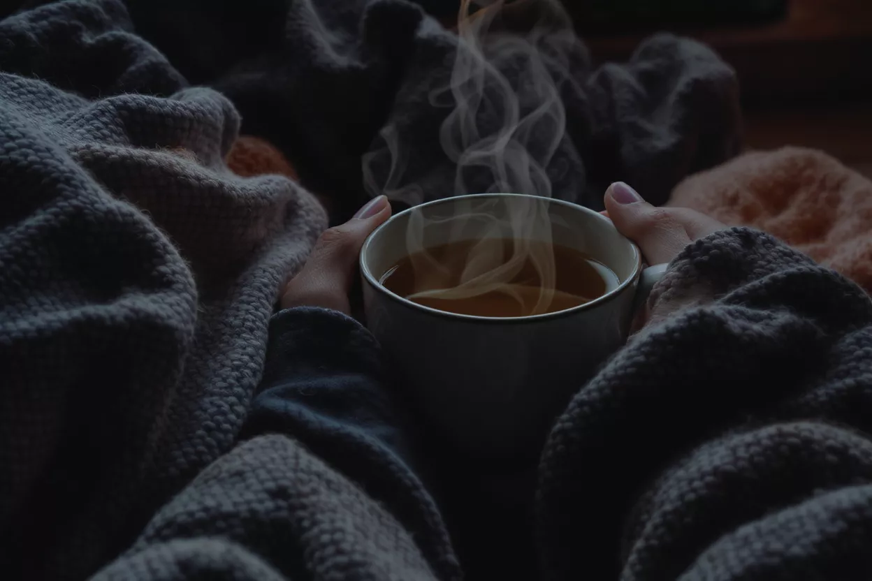 Hands holding a steaming cup of tea surrounded by warm knitted blankets.