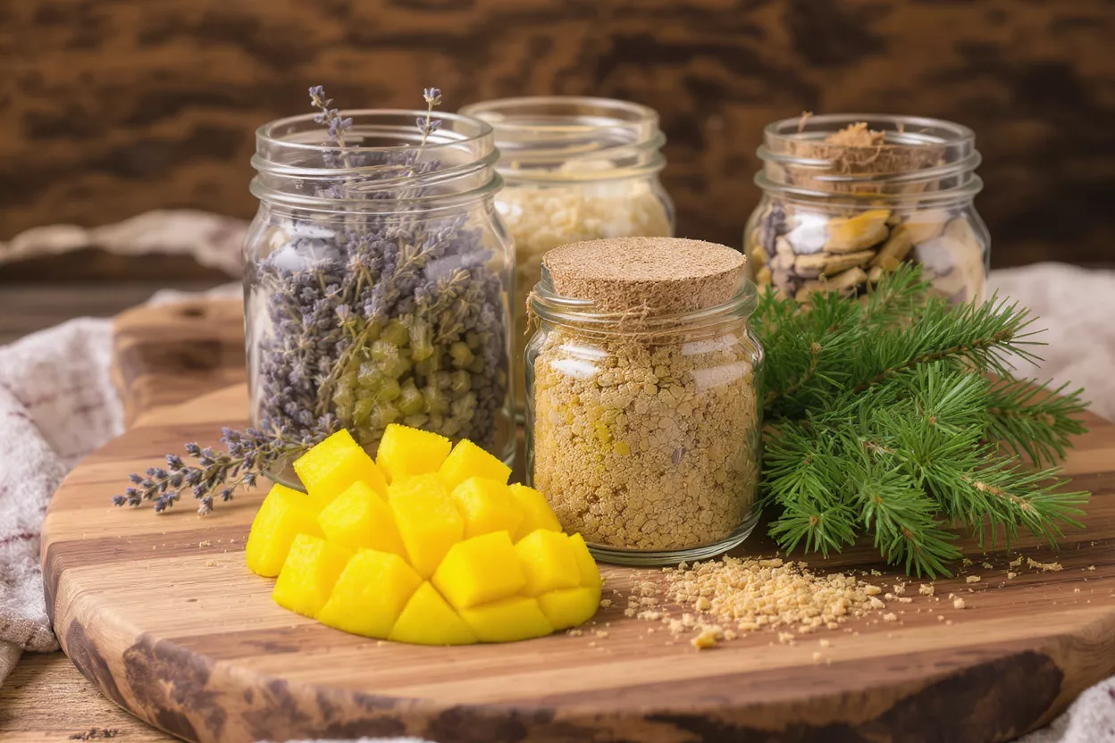 Jars of dried lavender, granular substance, and other ingredients with fresh mango and spruce.