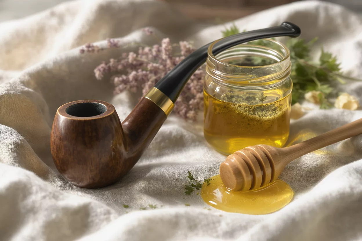 A classic wooden tobacco pipe, a jar of honey with herbs, and a honey dipper.