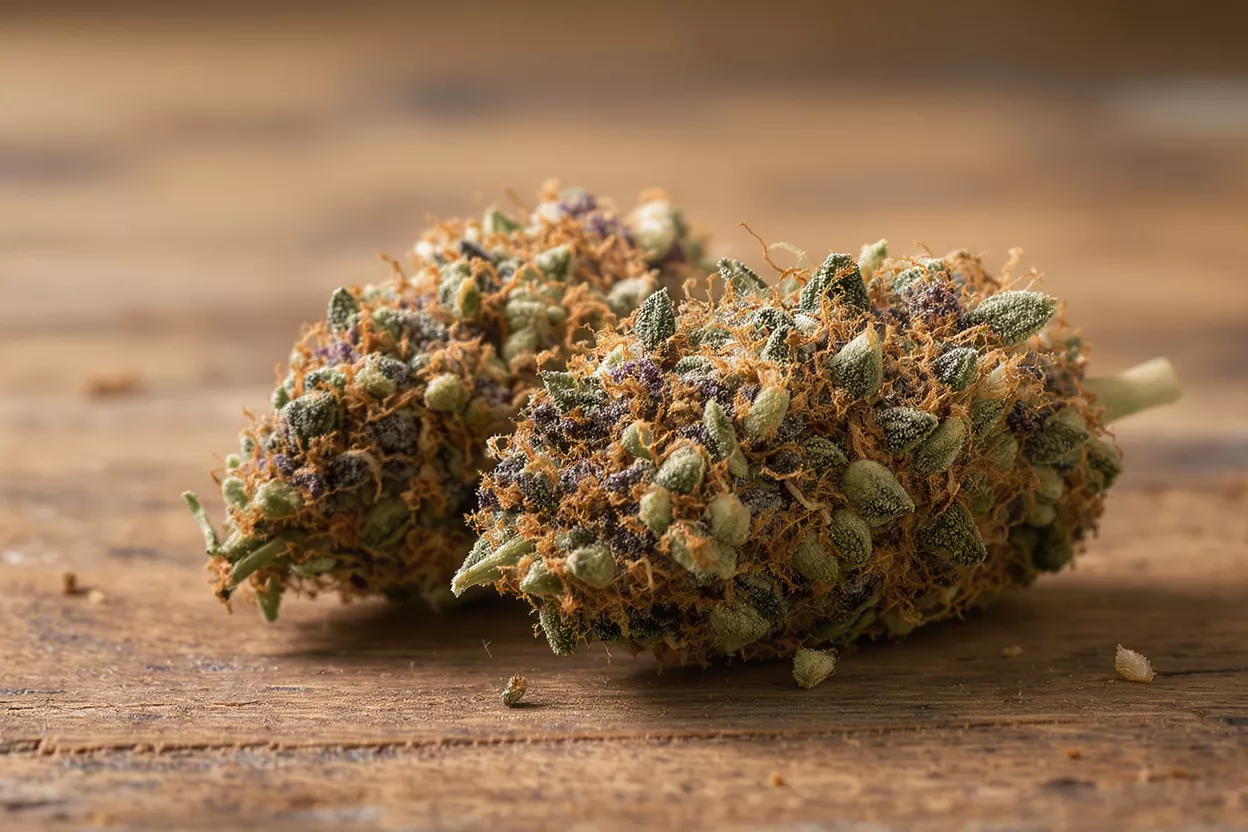 Two vibrant cannabis buds with purple and orange hues on a rustic wooden surface.