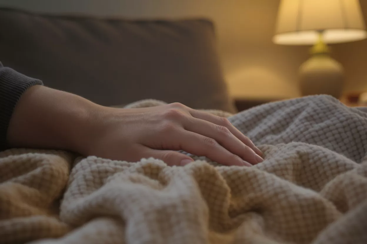 A hand resting gently on a soft, textured blanket in warm, ambient light.