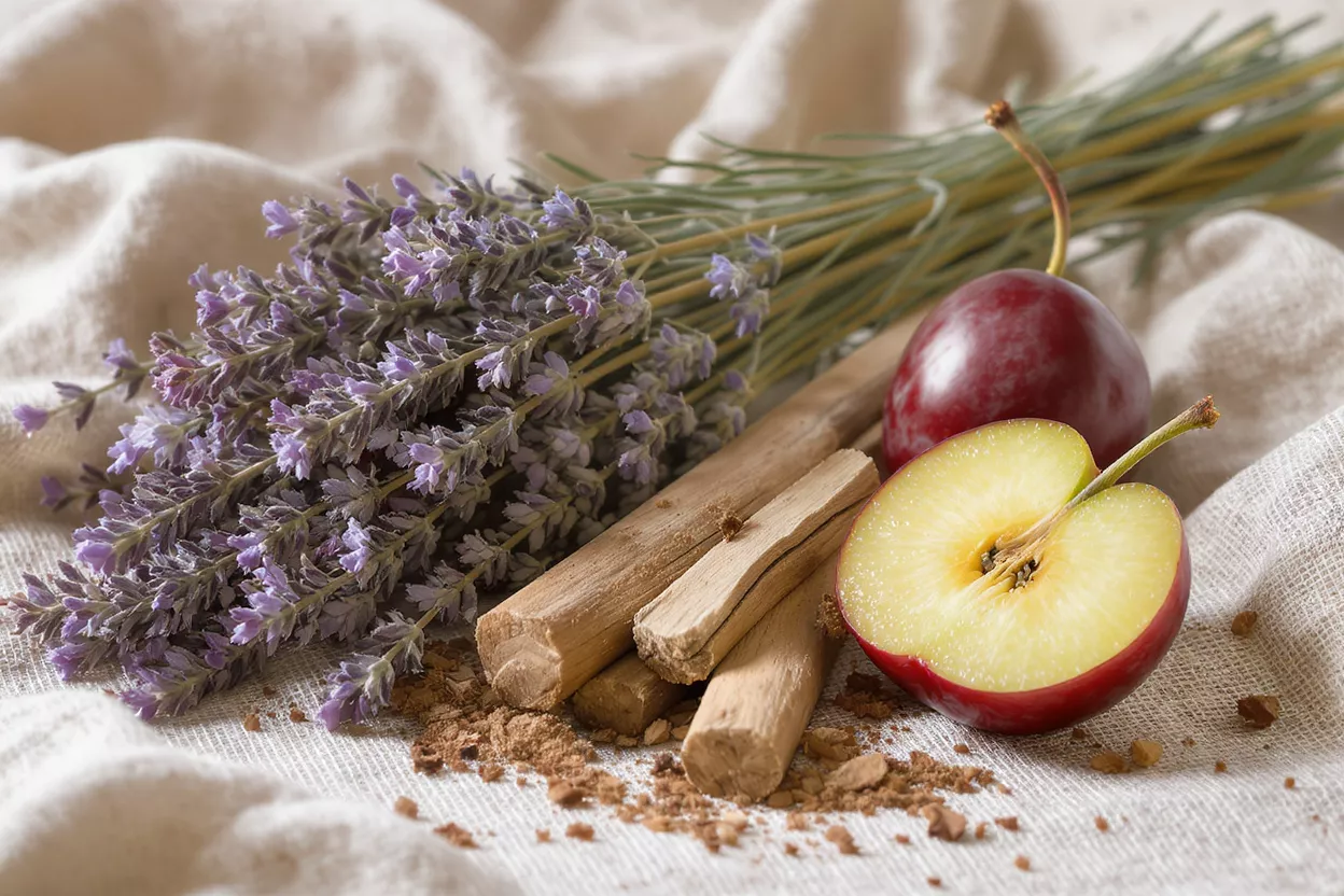 Lavender, sandalwood sticks, and a halved apple on a light fabric.
