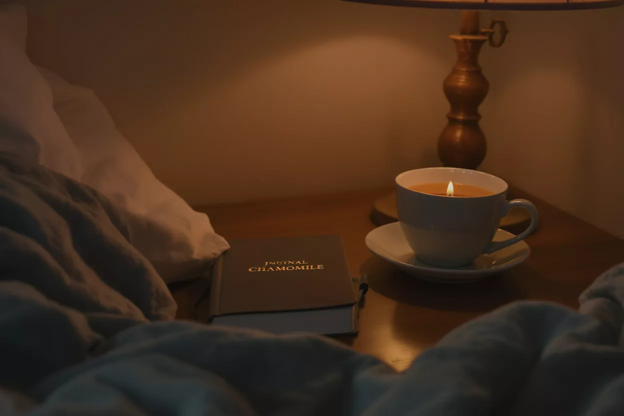 A lit chamomile candle in a teacup, book, and lamp on a bedside table.
