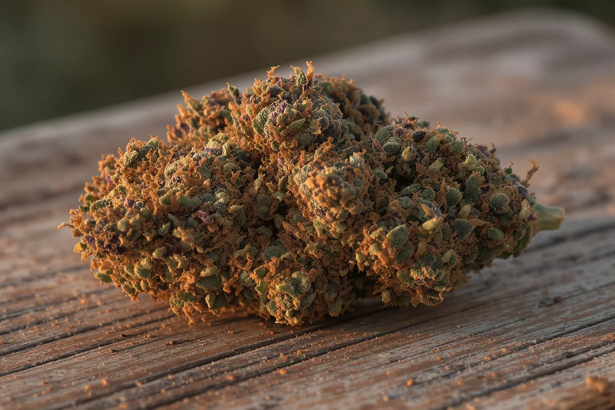 Close-up of a cannabis bud with orange hairs and green leaves on a wooden surface.