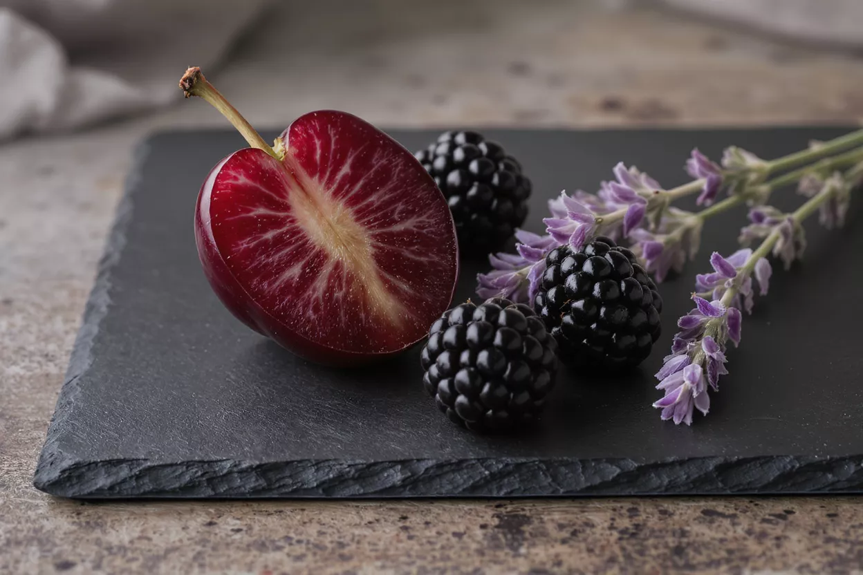 Half a red plum, blackberries, and lavender sprigs on a dark slate.