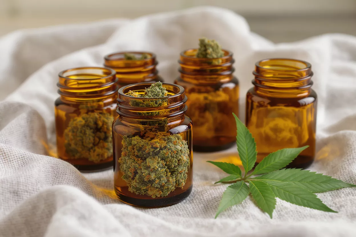 Several amber glass jars filled with cannabis buds, with a green cannabis leaf.