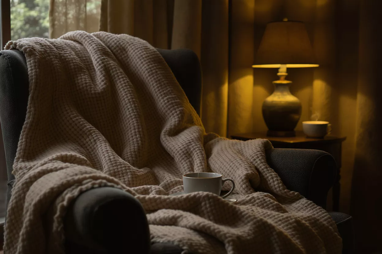 A cozy armchair with a waffle-knit blanket, coffee, and a warm lamp.