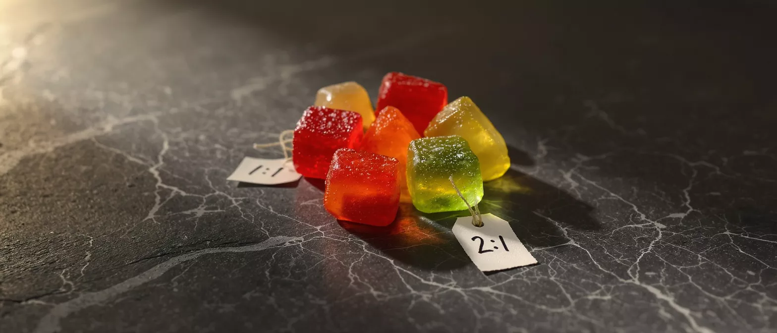 Colorful gummy candies with 1:1 and 2:1 ratio tags on a dark surface.
