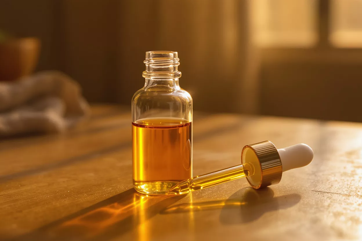 Frasco Dorado de Suero Aceitoso con Gotero Un frasco de vidrio transparente de suero aceitoso dorado con un gotero sobre una superficie de madera.