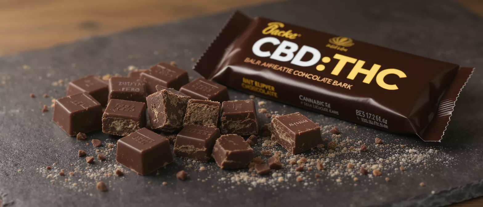 CBD:THC chocolate bar with broken pieces and crumbs on a dark surface.
