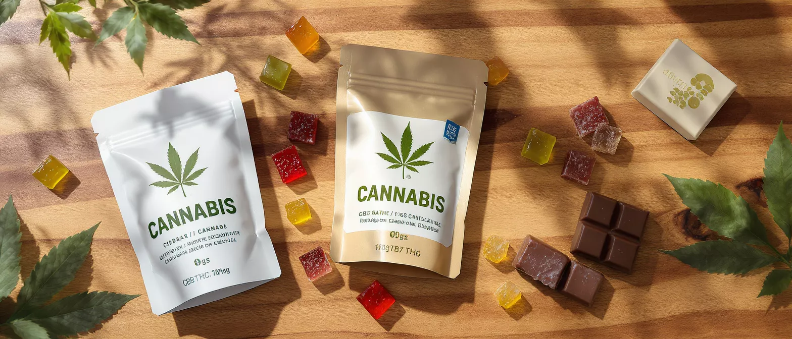 Two cannabis edible pouches, colorful gummies, and chocolate squares on a wooden surface.