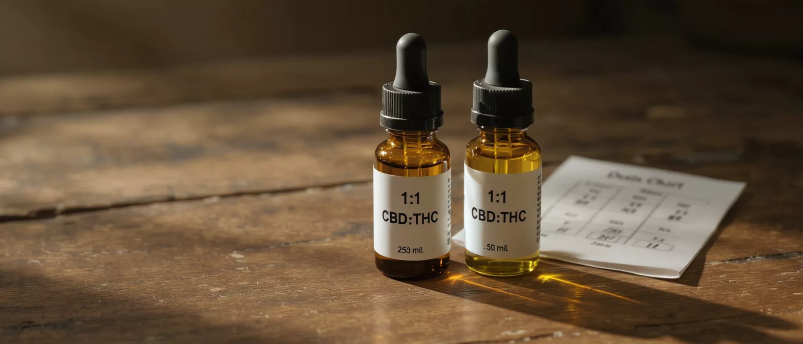 CBD THC Oil Bottles Two amber dropper bottles of 1:1 CBD:THC oil with a dosage chart.