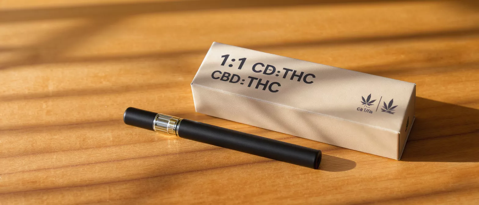 Black vape pen next to a beige box labeled "1:1 CBD:THC" on a wooden surface.