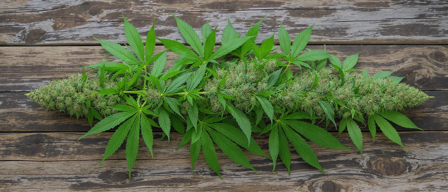 Lush green cannabis buds and leaves arranged on a rustic wooden surface.