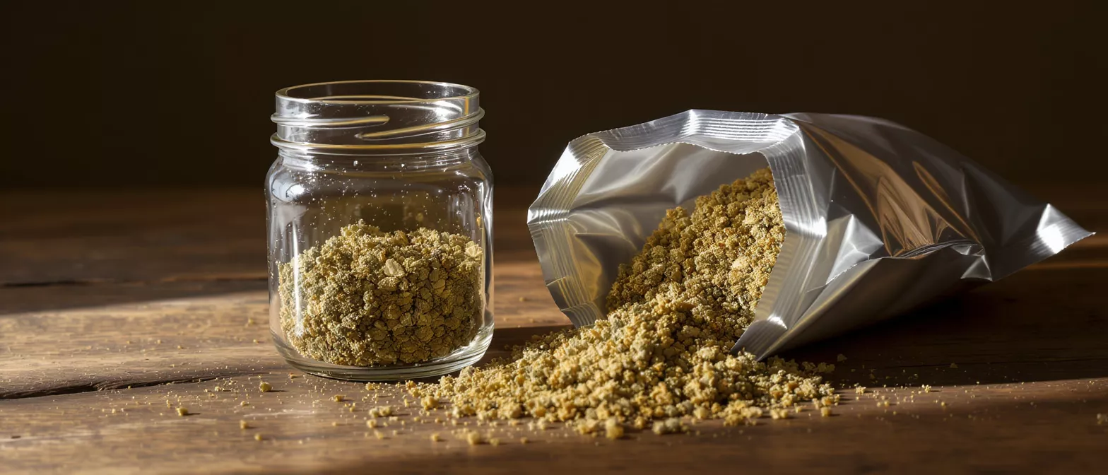 Kief in a glass jar and spilling from a silver bag onto a wooden surface.
