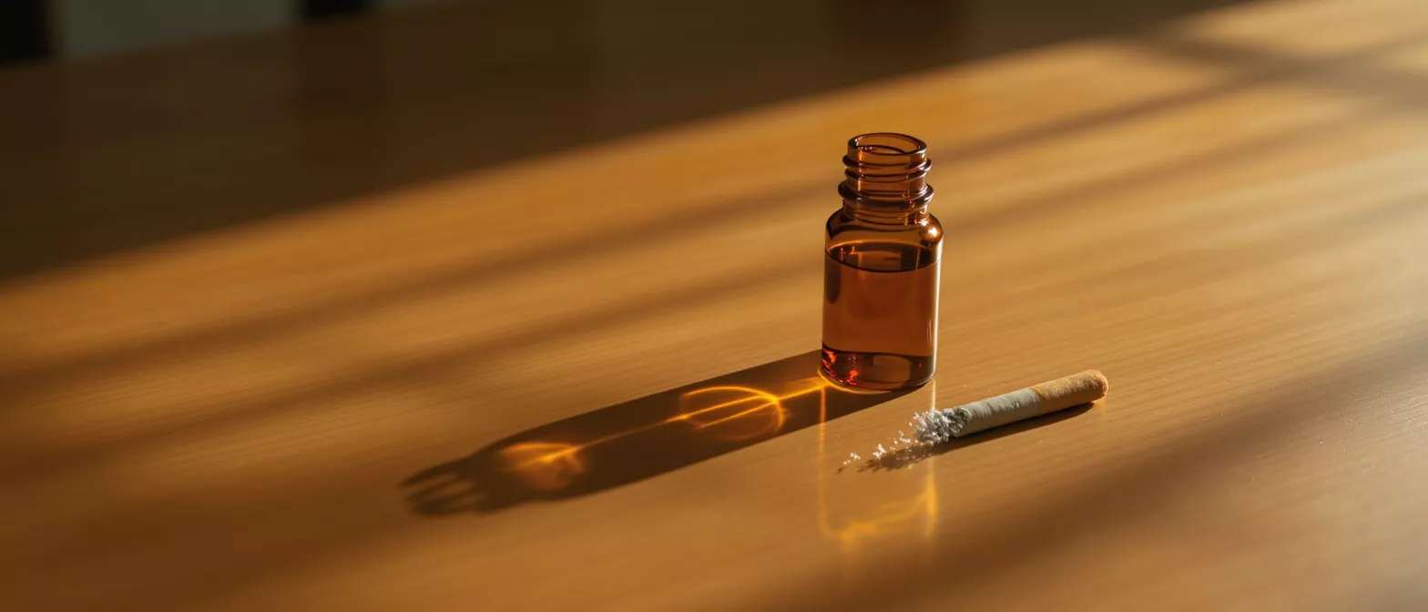 An amber bottle beside a cigarette on a wooden surface