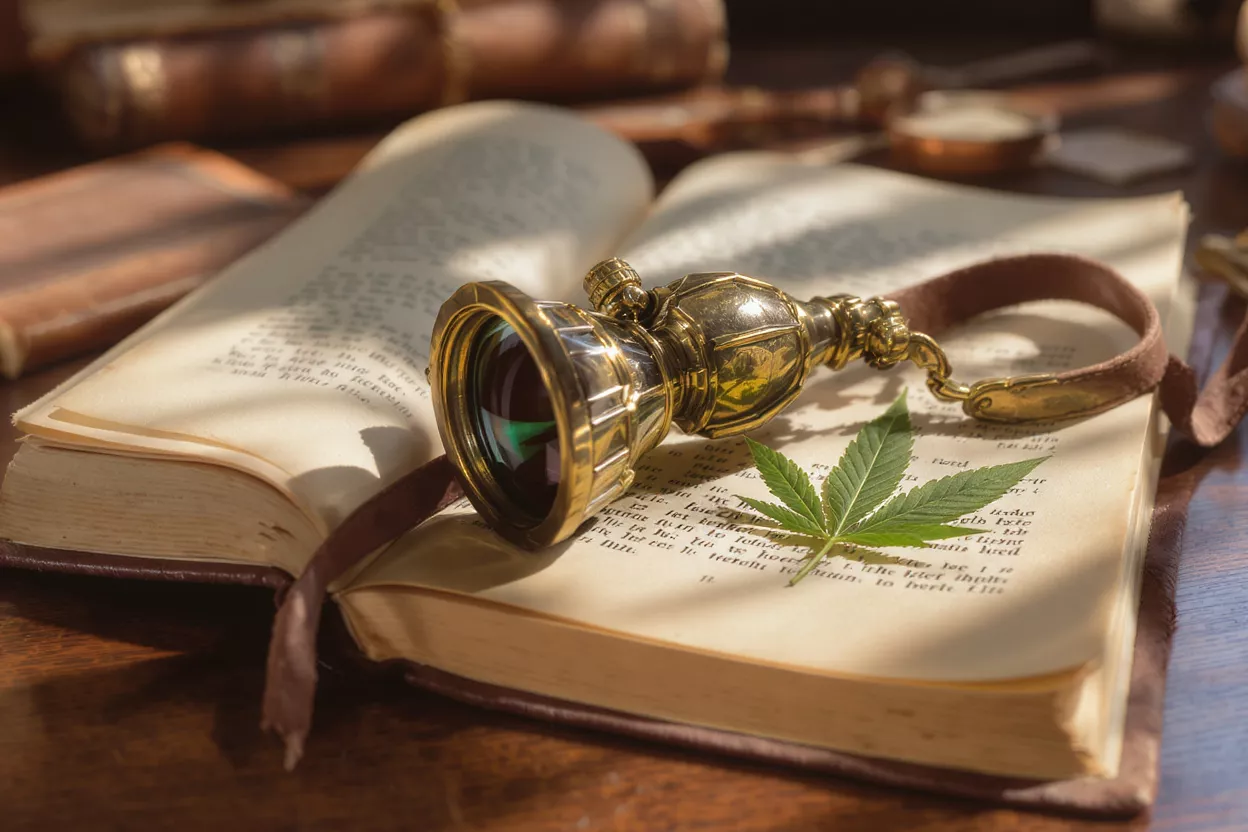 Antique lens resting on an open book with a cannabis leaf