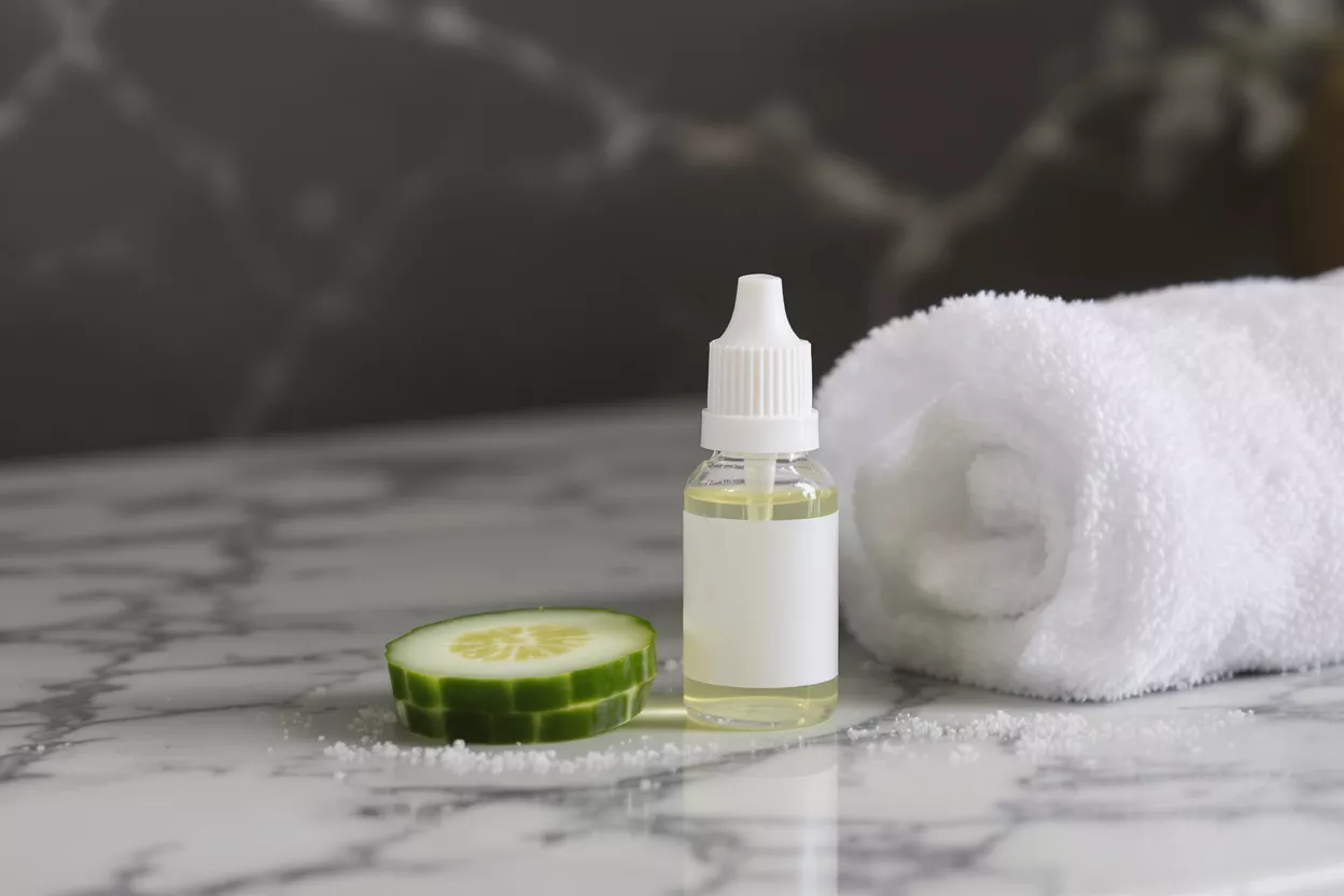 Cucumber slice, essential oil, and towel on marble