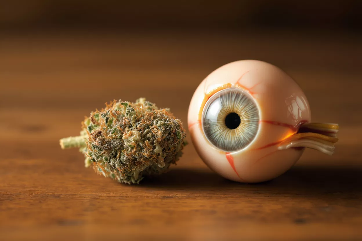 A realistic eye model next to cannabis bud